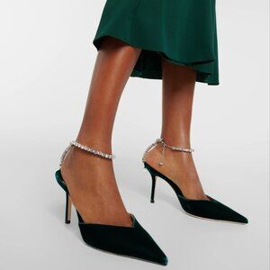 [NWT] Jimmy Choo Green Saeda 85 embellished velvet pumps (EU 37, US 7)
